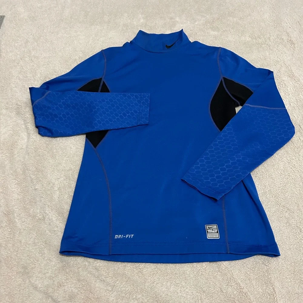 Nike Pro Combat Dri-FIT Mock Neck Mens S Blue Black Fitted Athletic Training